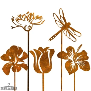 Suport Bijuterii de Grădină – set ruginiu de 5 ornamente cu libelulă XXL din oțel 99 cm