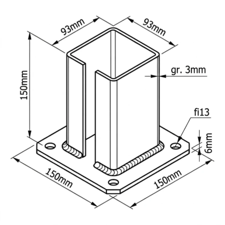 Bază metalică (talpă) pentru stâlp de gard ?i poartă 100×100 mm, zincată 000-789 (3)