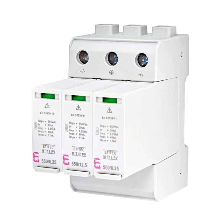 Protecție la supratensiune PV DC tip 1+2 (B+C) 1100V 3P 20kA 3.8kV ETITEC M 1100/12.5 Y 002440511 ETI GPV-401-38
