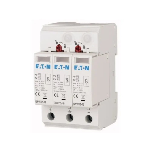 Arrestător de supratensiune PV DC tip 1+2 (B+C) 1000V 2P+N 15kA 3.7kV SPPVT12-10-2+PE 177256 EATON GPV-401-44