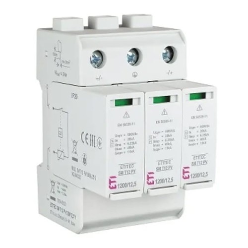 Protecție la supratensiune PV DC tip 1+2 (B+C) 1200V 3P 12.5kA 4.4kV ETITEC SM T12 PV 1200/12.5 Y 002440630 ETI GPV-401-50