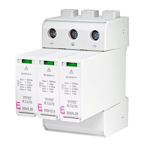 Descărcător PV DC tip 1+2 (B+C) 1100V 3P 65kA 3.8kV ETITEC EM T12 PV 1100/6.25 Y 002440580 ETI GPV-401-64