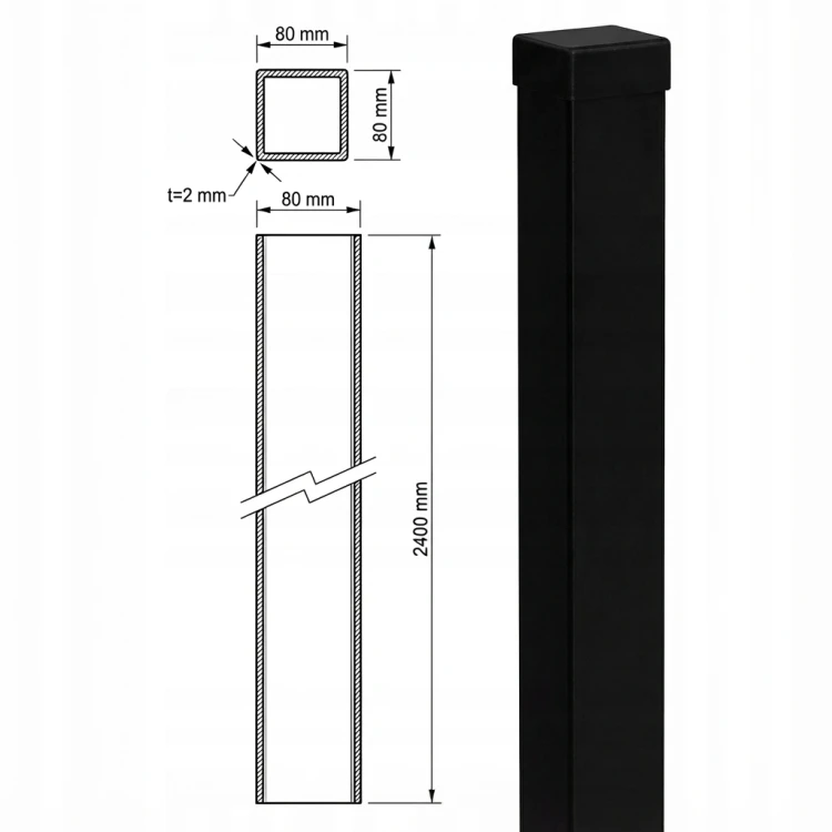 Stâlp de gard 80x80x2 mm, lungime 2,4 m, negru GPV-700-74 (3)