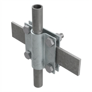 Conector de împământare cu 2 plăci pentru conductori rotunzi Fi14–20 mm și plați până la 40 mm
