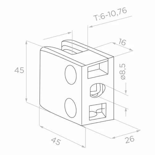 Suport pentru sticlă 45x45x26 mm, sticlă 6-10,76 mm, AISI 304, sistem plat, satin 000-260 (2)