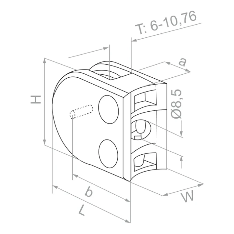 Suport pentru sticlă 50x40x26 mm cu pin, sticlă 6-10,76 mm, AISI 304, sistem 42,4, lucios 000-264 (3)