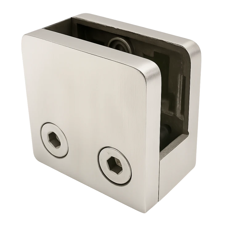 Suport pentru sticlă 45x45x26 mm cu pin suport sticlă 6–10,76 mm AISI 304 sistem plat satin 000-268 (1)