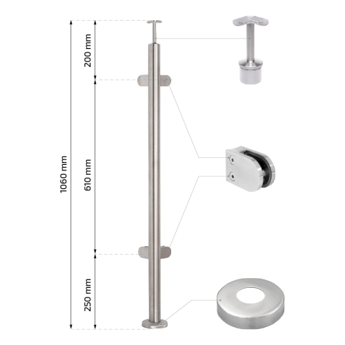 Stâlp balustradă colțar pentru sticlă fi 42,4x1060/1102,4mm 4 suporturi șlefuit 000-559 (2)