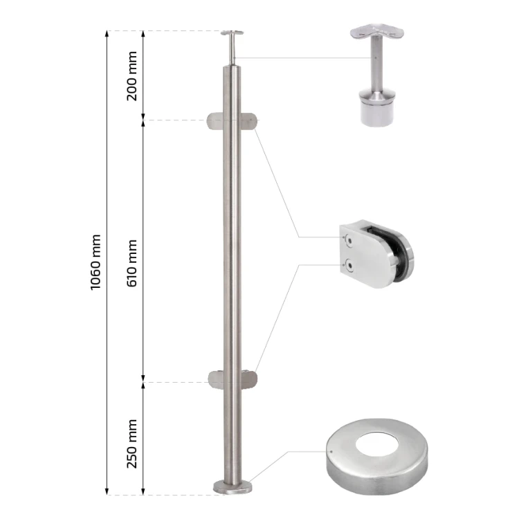 Stâlp balustradă colțar pentru sticlă fi 42,4x1060/1102,4mm 4 suporturi șlefuit 000-559 (2)