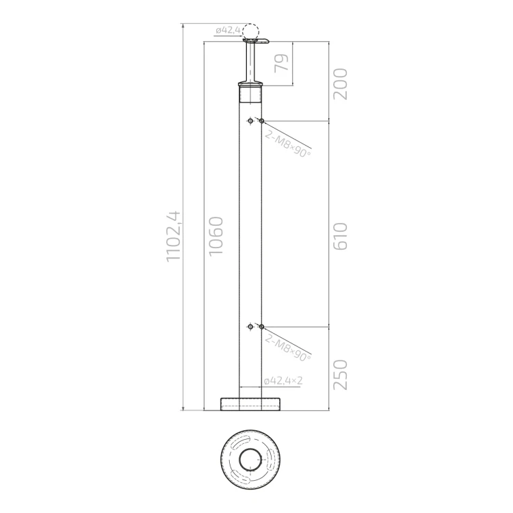 Stâlp balustradă colțar pentru sticlă fi 42,4x1060/1102,4mm 4 suporturi șlefuit 000-559 (5)