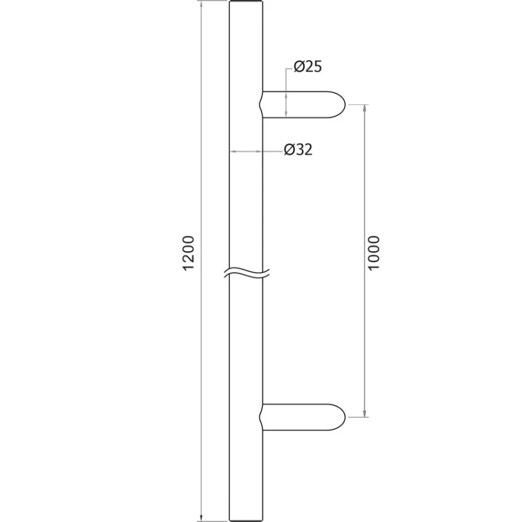 Mâner de ușă unilateral rotund ø32 × 1200 mm – oțel AISI 304, satinat, montaj 45° 000-719 (4)