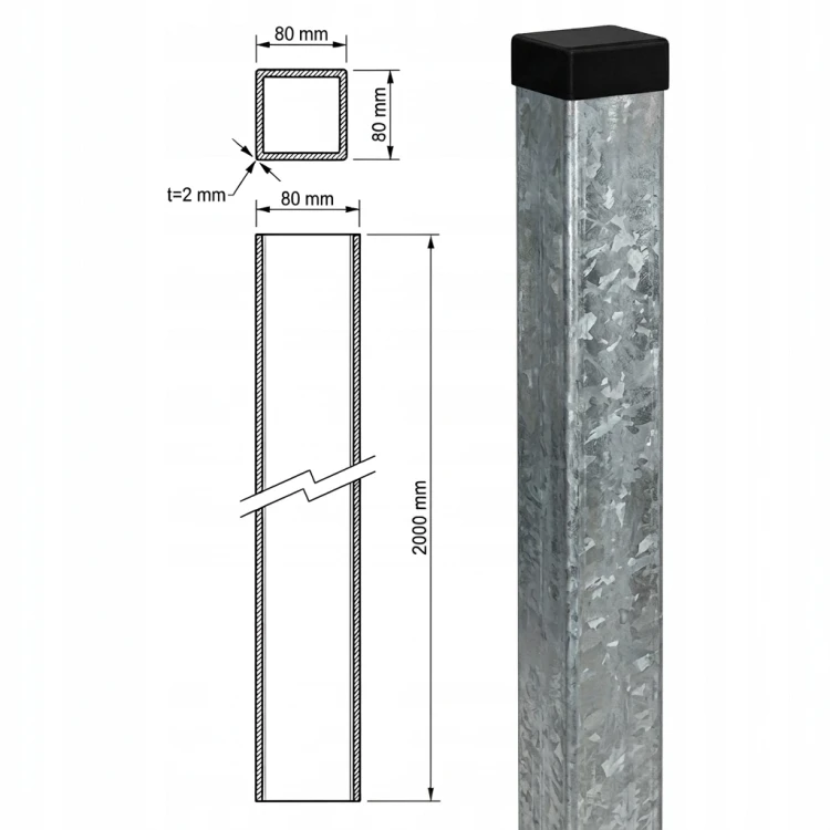 Stâlp de gard 80x80x2 mm, lungime 2,4 m, zincat 000-489 (4)