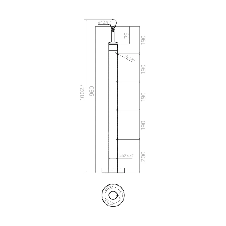 PSG Stâlp balustradă intermediar traversant fi 42,4 mm AISI 304 – 4 suporturi, satin 001-204 (4)