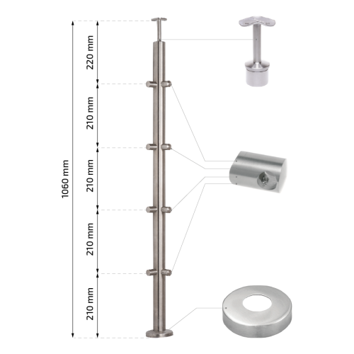PSG stâlp de balustradă de colț din oțel AISI 304 ø42,4 mm H1060 mm cu suporturi pentru tuburi ø12 mm 001-206 (2)