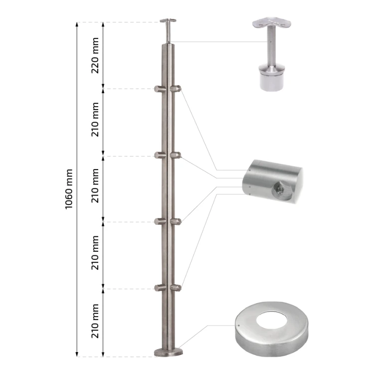 PSG stâlp de balustradă de colț din oțel AISI 304 ø42,4 mm H1060 mm cu suporturi pentru tuburi ø12 mm 001-206 (2)