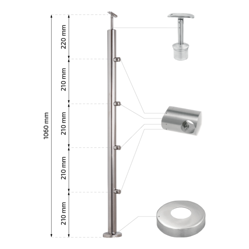 PSG stâlp intermediar pentru balustradă Ø42,4 mm din oțel inoxidabil AISI 304 – 4 suporturi Ø12, montaj în podea 001-207 (2)