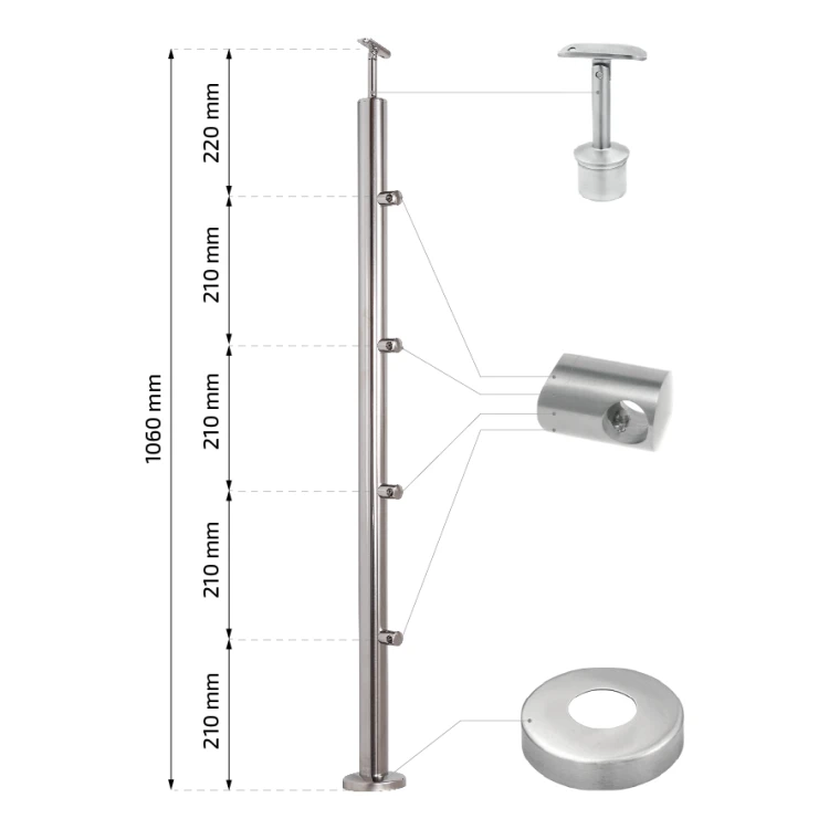 PSG stâlp intermediar pentru balustradă Ø42,4 mm din oțel inoxidabil AISI 304 – 4 suporturi Ø12, montaj în podea 001-207 (2)