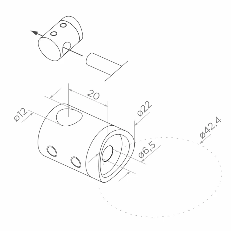 PSG stâlp intermediar pentru balustradă Ø42,4 mm din oțel inoxidabil AISI 304 – 4 suporturi Ø12, montaj în podea 001-207 (6)